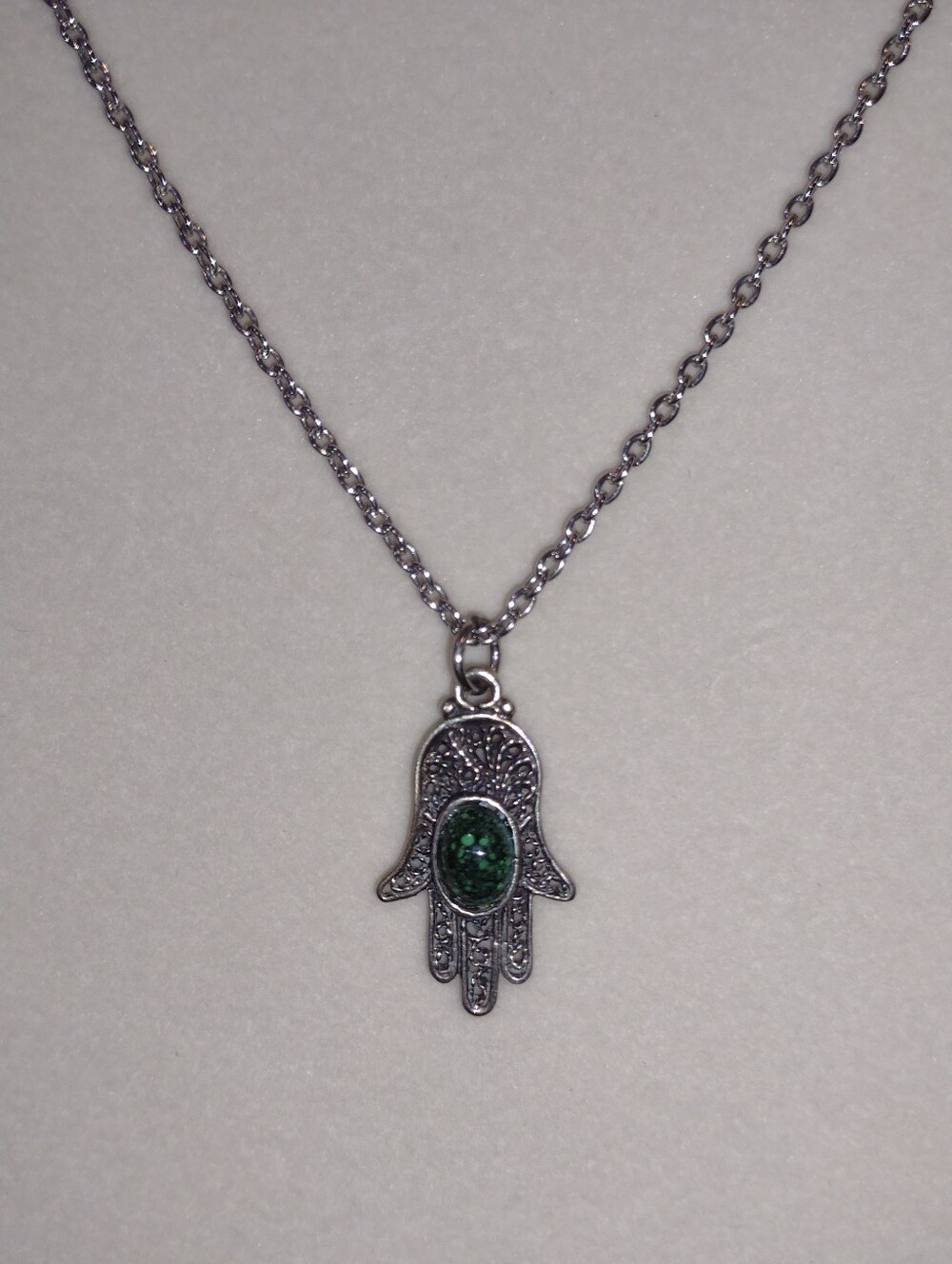 Silver Hamsa Pendant Necklace with Green Stone